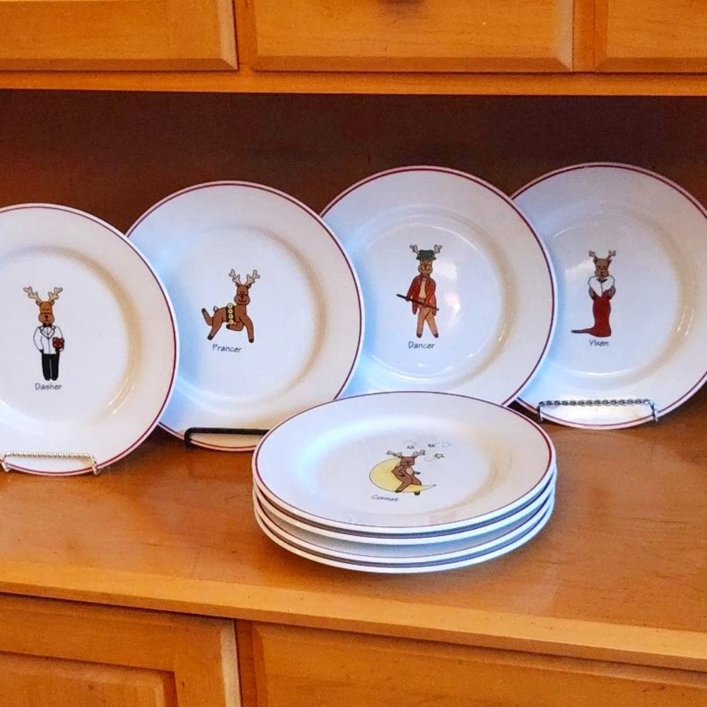 8pc Santa's Reindeer Salad/Dessert Plates w/pic of reindeers by LTD Commodities